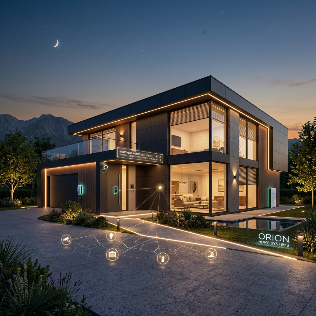 Modern futuristic living room interior, sleek smart home dashboard on glass wall, minimalist furniture, neon blue accent lighting, highly detailed, no people